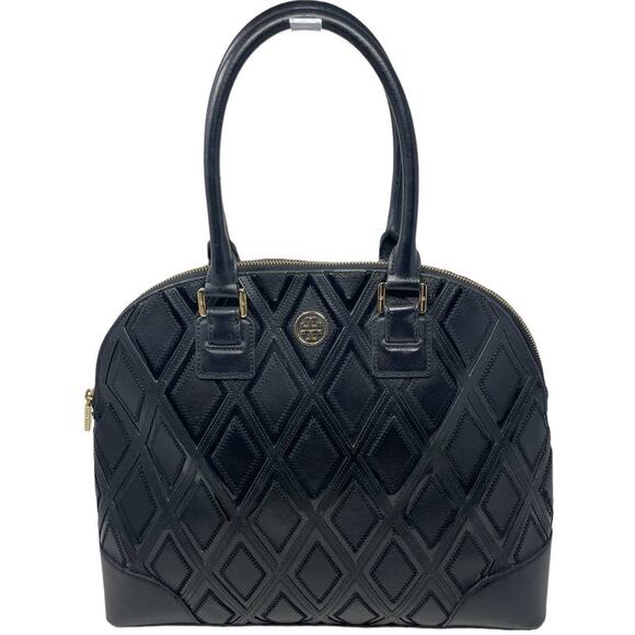 Tory Burch Robinson Logo Monogram Leather Dome Tote Shoulder Bag Black Gold - Picture 1 of 14